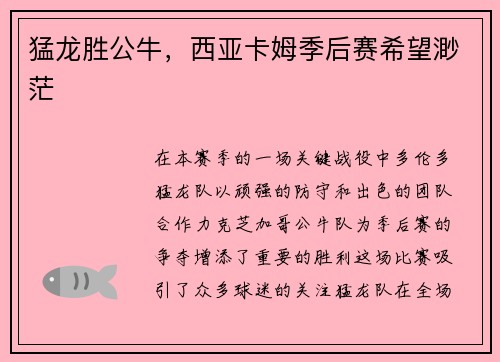 猛龙胜公牛，西亚卡姆季后赛希望渺茫