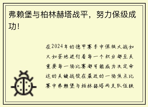 弗赖堡与柏林赫塔战平，努力保级成功！