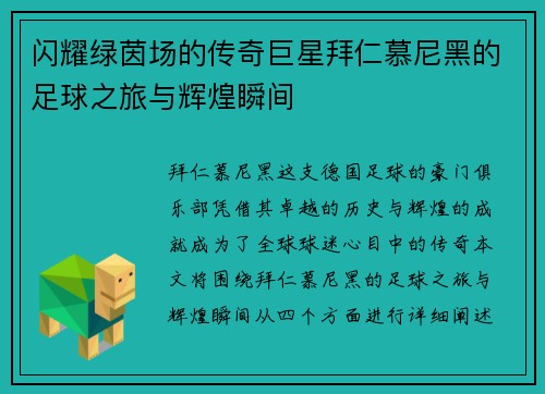 闪耀绿茵场的传奇巨星拜仁慕尼黑的足球之旅与辉煌瞬间